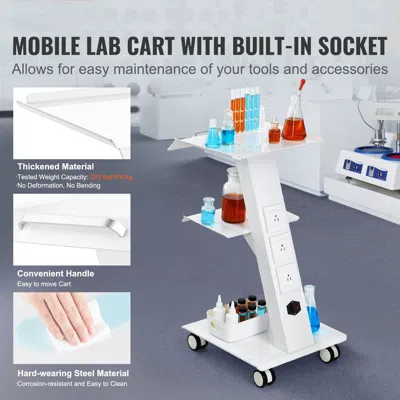 Sinachi Lab Trolley, Rolling Lab Cart With Built-in Socket, 3-layer Metal Mobile Trolley, Tray Rolling Clini In White