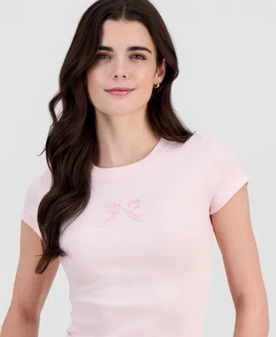 Sincerely Jules Juniors' Beaded Crewneck T-shirt In Neutral