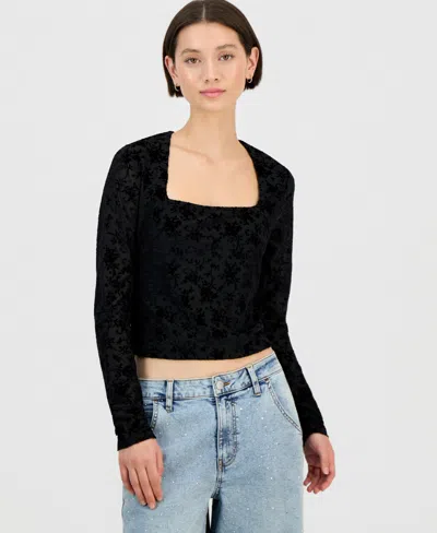 Sincerely Jules Juniors' Flocked Long-sleeve Square-neck Top In Black