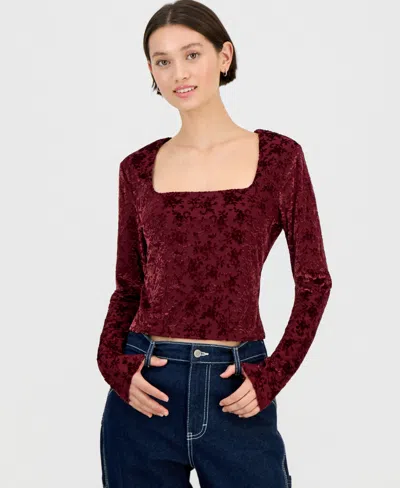 Sincerely Jules Juniors' Flocked Long-sleeve Square-neck Top In Burgundy