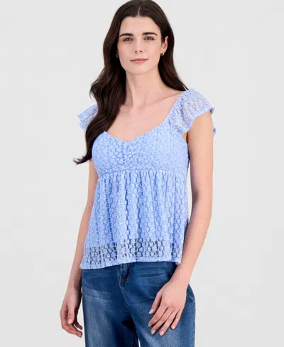 Sincerely Jules Juniors' Floral Lace Flutter-sleeve Babydoll Top In Blue