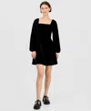 Sincerely Jules Juniors' Long-sleeve Velour Square-neck Mini Dress In Black
