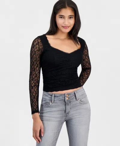 Sincerely Jules Juniors' Long-sleeve Lace Sweetheart-neckline Top In Black