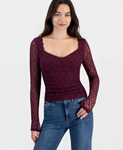 Sincerely Jules Juniors' Long-sleeve Lace Sweetheart-neckline Top In Mauve Wine