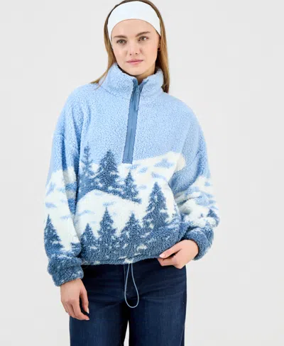 Sincerely Jules Juniors' Printed Sherpa Fleece Quarter-zip In Blue