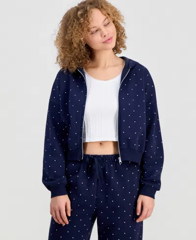 Sincerely Jules Juniors' Printed Zip-front Hoodie In Blue