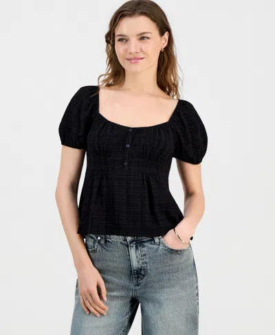 Sincerely Jules Juniors' Puff-sleeve Babydoll Top In Black