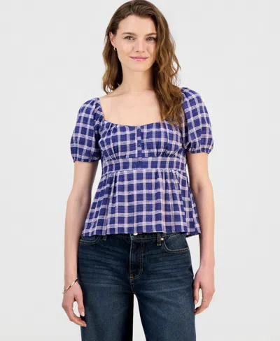 Sincerely Jules Juniors' Puff-sleeve Babydoll Top In Blue