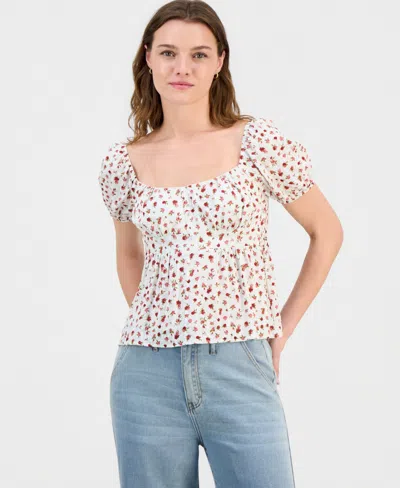 Sincerely Jules Juniors' Puff-sleeve Babydoll Top In White