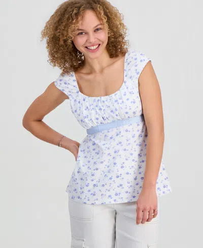 Sincerely Jules Juniors' Ribbon-trim Babydoll Top In Blue