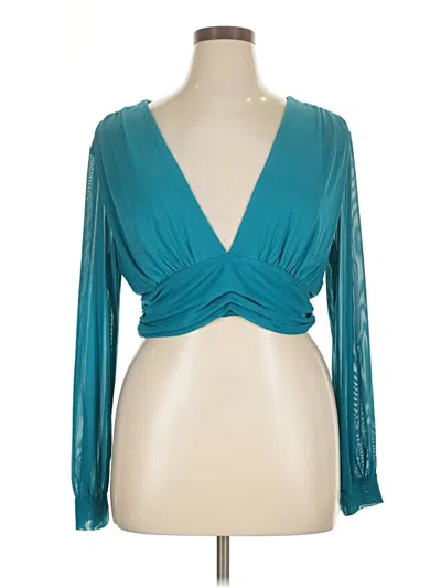 Pre-owned Sincerely Jules Long Sleeve Top Teal Plunge Neckline Tops In Blue
