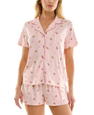 Sincerely Jules Women's Notch Collar Top And Pajama Shorts, 2-piece Set In Pink