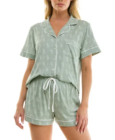 Sincerely Jules Women's Notch Collar Top And Pull-on Shorts, 2pc Set In Green