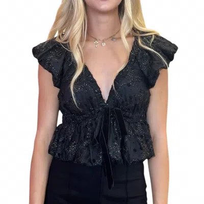 Sincerely Ours Embellished Floral Beaded Ruffle Sleeve Tie Front Smocked Crop Top In Black/gold