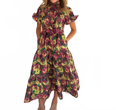 Sincerely Ours Floral Jacquard Lena Dress In Green In Brown