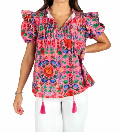 Sincerely Ours Short Sleeve Tassel Top In Fiesta Bloom In Multi