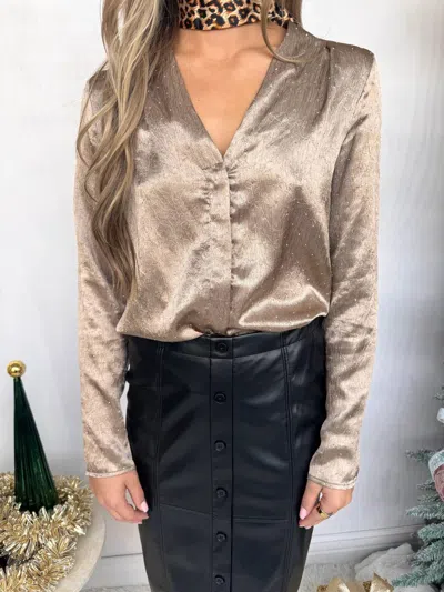 Sincerely Ours Thea Embellished Satin Long Sleeve Blouse In Mink In Multi