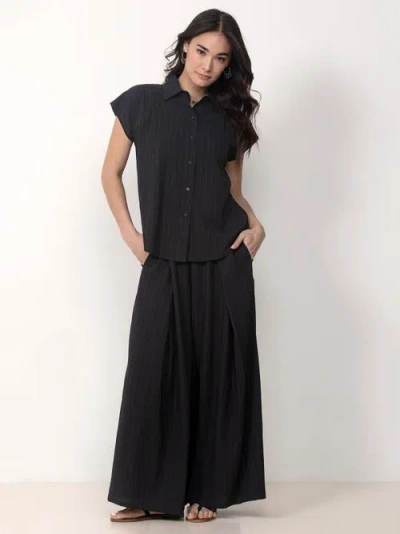 Single Stitch Button Front Shirt With Palazzo Pants Set In Black