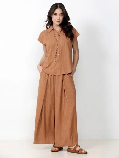Single Stitch Button Front Shirt With Palazzo Pants Set In Brown