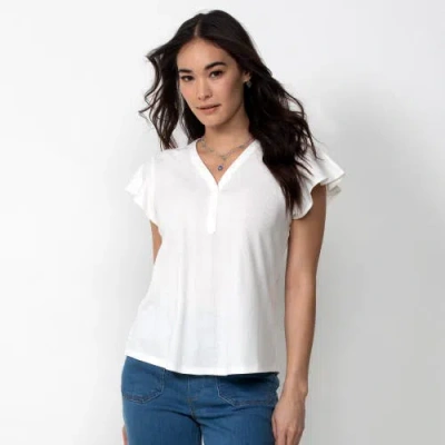 Single Stitch Flutter Sleeve Henley In White
