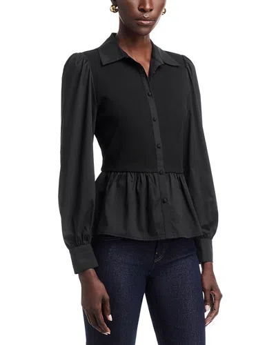 Single Thread Mixed Media Puff Sleeve Peplum Top In Black