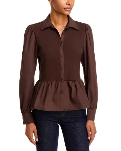 Single Thread Mixed Media Puff Sleeve Peplum Top In Brown