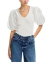Single Thread Mixed Media Puff Sleeve Top In Egret
