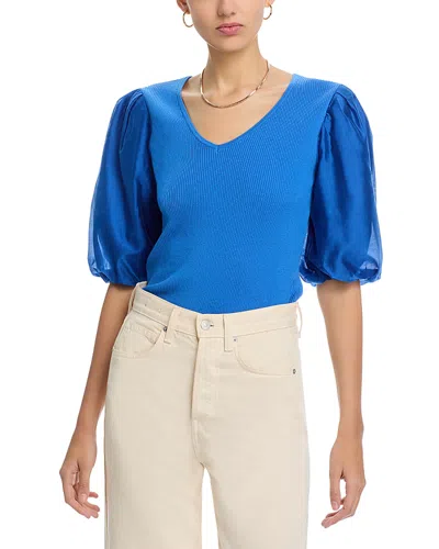 Single Thread Mixed Media Puff Sleeve Top In Riverside