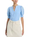 Single Thread Puff Sleeve Henley Top In Cerulean