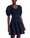 Single Thread Puffed Sleeve Dress In Blue