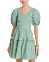 Single Thread Puffed Sleeve Dress In Green