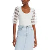 Single Thread Womens Ruffled Ribbed Knit Pullover Top In White