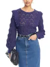 Single Thread Womens Ruffled Ribbed Trim Pullover Sweater In Blue