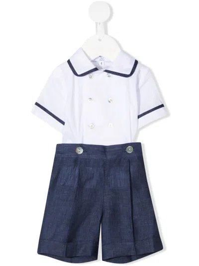 Siola Babies' Double-breasted Linen Tracksuit Set In 蓝色
