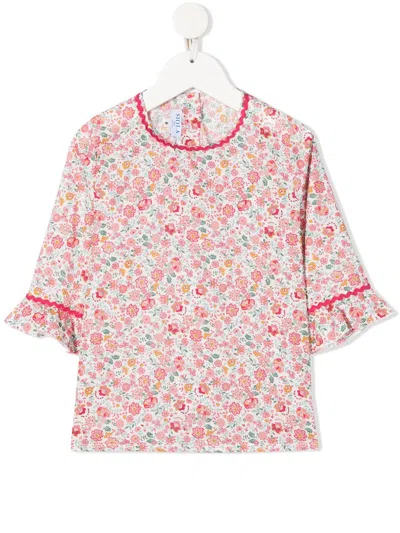 Siola Kids' Floral-print Frill-sleeve Top In Pink