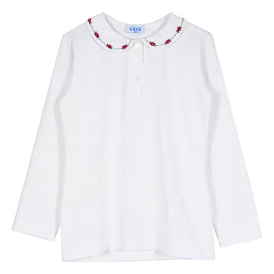 Siola Kids' Polo Shirt With Embroidered Collar In Bianco