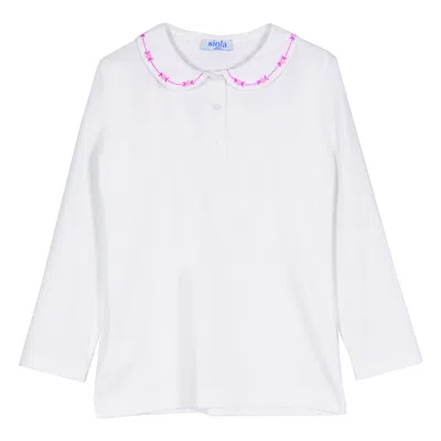 Siola Kids' Polo With Embroidered Collar In Bianco