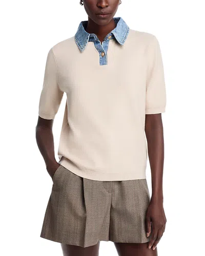 Sioni Denim Collared Short Sleeve Sweater In Neutral