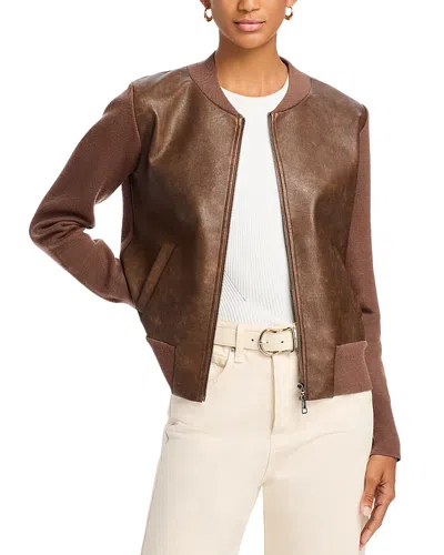 Sioni Distressed Faux Leather Bomber Jacket In Dark Brown