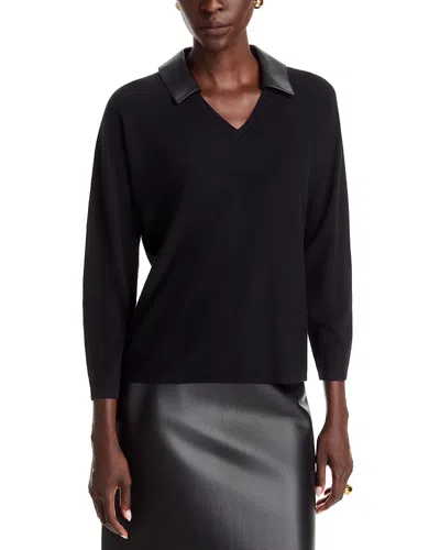 Sioni Faux Leather Collar V Neck Sweater In Black