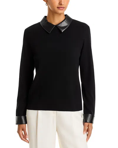 Sioni Faux Leather Collared Sweater In Black