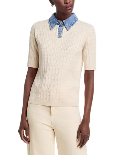 Sioni Mixed Media Denim Collar Short Sleeve Sweater In Neutral