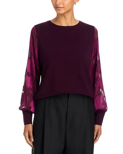 Sioni Mixed Media Floral Puff Sleeve Sweater In Purple