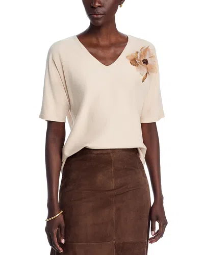 Sioni Short Sleeve V Neck Flower Embellishment Sweater In Neutral