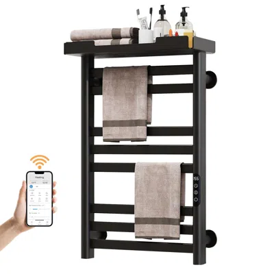 Sioyie Heated Towel Rack With Shelf And Wi-fi App Control, 8 Bars Electric Wall Mounted Towel Warmer With T In Black