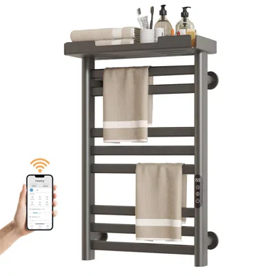 Sioyie Heated Towel Rack With Shelf And Wi-fi App Control, 8 Bars Electric Wall Mounted Towel Warmer With T In Gray