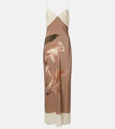 Sir Azaliea Floral Silk Max Dress In Brown