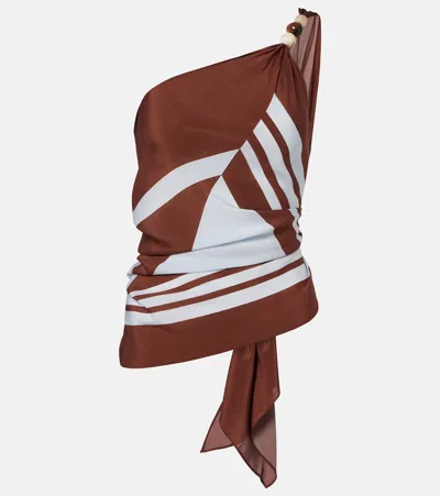 Sir Beaded One-shoulder Printed Silk Top In Brown