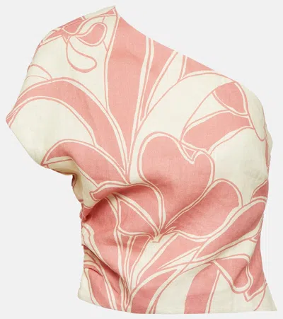 Sir Belletto Printed One-shoulder Linen Top In Rose Mariposa Print