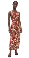 Sir Castella Tie-detailed Gathered Floral-print Linen Halterneck Midi Dress In Red